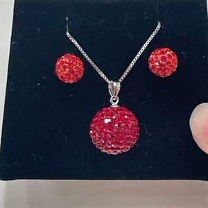 Beautiful red pavé crystal 18” Sterling Silver 925 necklace and earrings set
